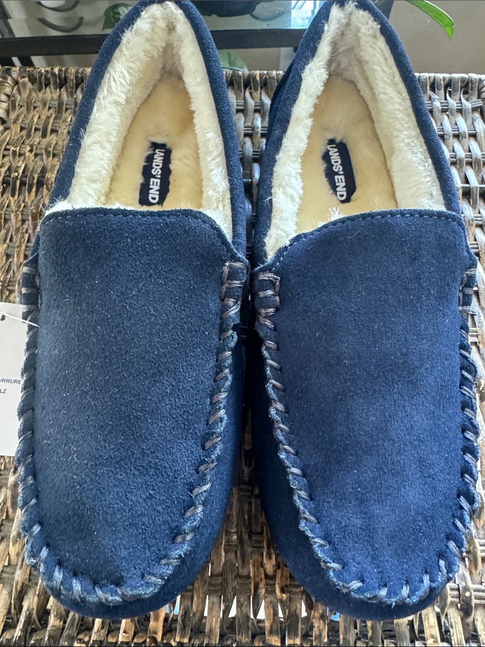 Lands' End Navy Suede Fleece-Lined Moccasin Slippers Women’s Size 7